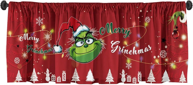 SUNWISHA Christmas Valance Curtains 52x18 inch - Designed with Playful Green Monster - Kitchen/Bathroom Winter Decor - Rod Pocket Valances for Holiday Homes Red - Image 1